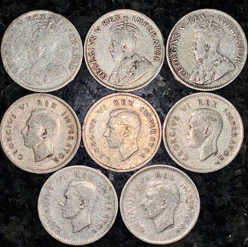 S A UNION SILVER SET 3D THREEPENCE 1932 - 1933 - 1934 - 1937 - 1938 - 1939 - 1944 & 1945 --