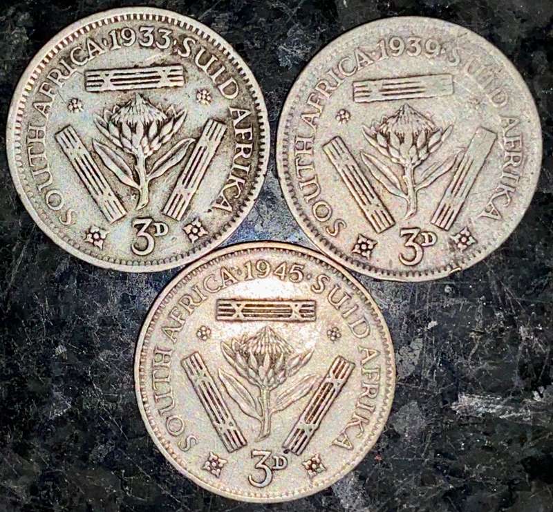 S A UNION SILVER SET 3D THREEPENCE 1933 - 1939 & 1945 -- 80%SILVER (1 BID TAKES ALL)