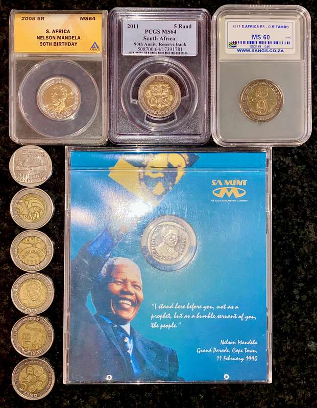 Complete set commemorative R5 coins 1994 to 2021 - 3 graded coin MS64-MS60 + proof like 2000 Mandela