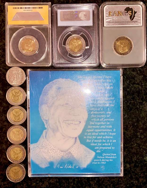 Complete set commemorative R5 coins 1994 to 2021 - 3 graded coin MS64-MS60 + proof like 2000 Mandela