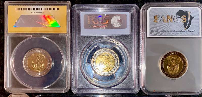 Complete set commemorative R5 coins 1994 to 2021 - 3 graded coin MS64-MS60 + proof like 2000 Mandela