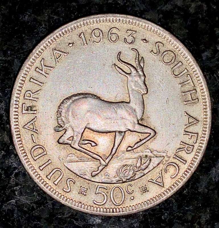 SOUTH AFRICA SILVER 50 CENT 1963 GOOD CONDITION SILVER CROWN SIZE