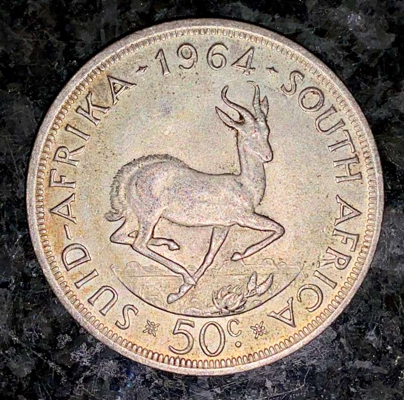 SOUTH AFRICA SILVER 50 CENT 1964 GOOD CONDITION SILVER CROWN SIZE