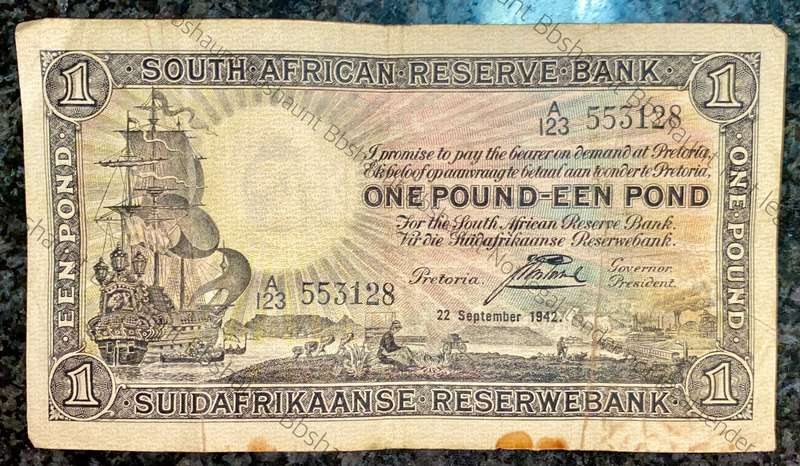 J POSTMUS 1 POUND 22ND SEPTENBER 1942 ENG/AFR A123 FIRST ISSUE VAN RIEBEECK WTM