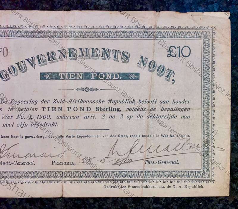 Z.A.R Pretoria 10 pound Government Noot 28-5-1900 -missing NO prefix- low number 2970 Spade Boarder