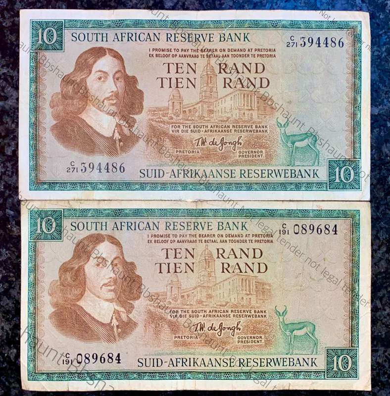 Tw De Jongh. R10 Springbuck & Van Riebeeck wtm 1967-1975 (1 bid takes all)