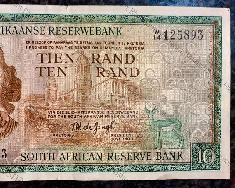 Replacement note Tw De Jongh. R10 Scarce - W14  /125893 -- 1st issue 1967