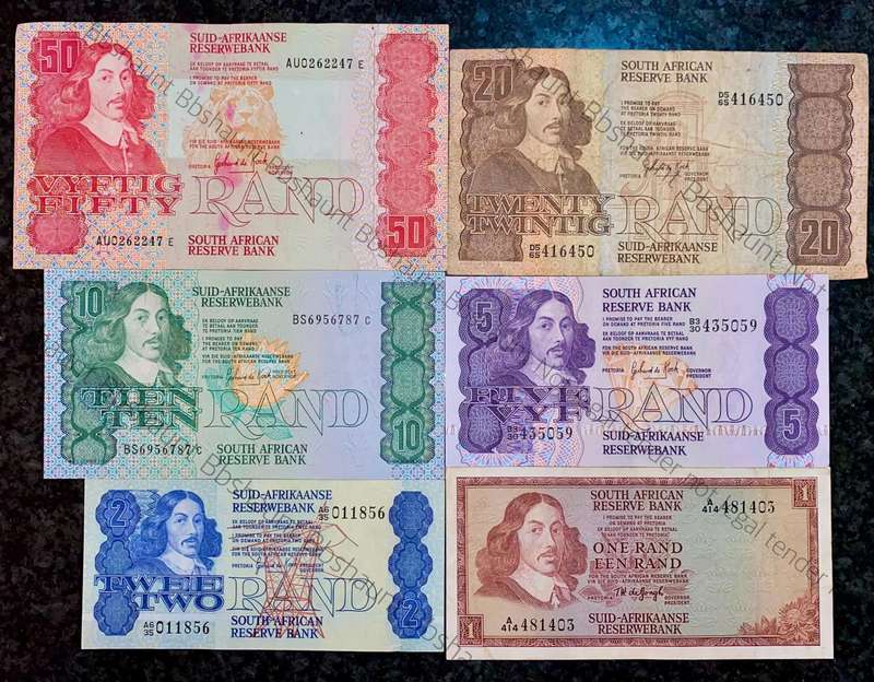 Complete Set GPC De Kock & decimals R50 TO R2 - 1980s (R1 de Jongh 1975) (1 bid takes all)