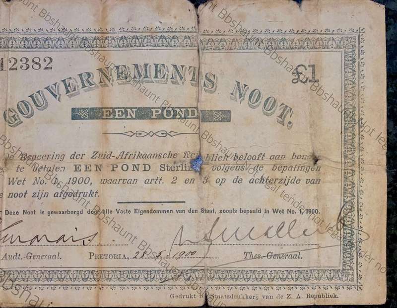 Z.A.R Pretoria 1 pound Government Noot 1900 wtm star boarder no12382