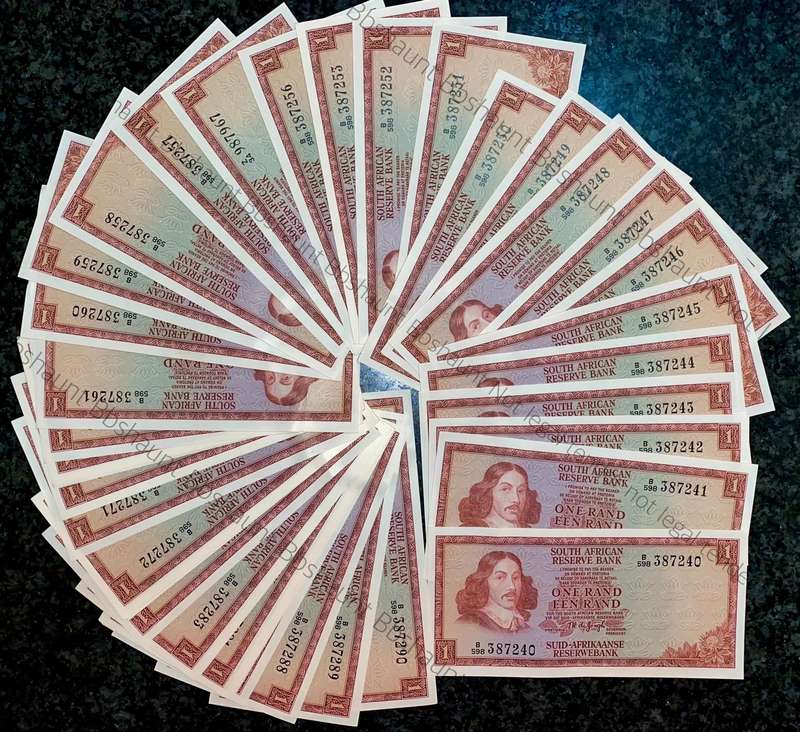 TW De Jongh. R1 in sequence B598 /387240-290 unc-aunc 3rd issue 1975 including a replacement note
