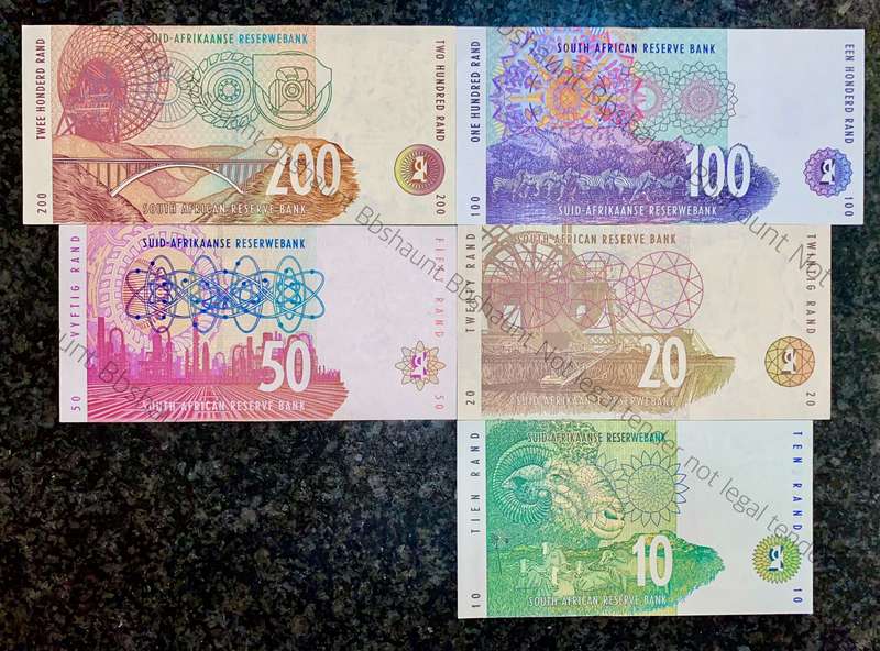 Complete set CL Stals R200 to R10 UNC 2nd issue 1993 (1 bid takes all)
