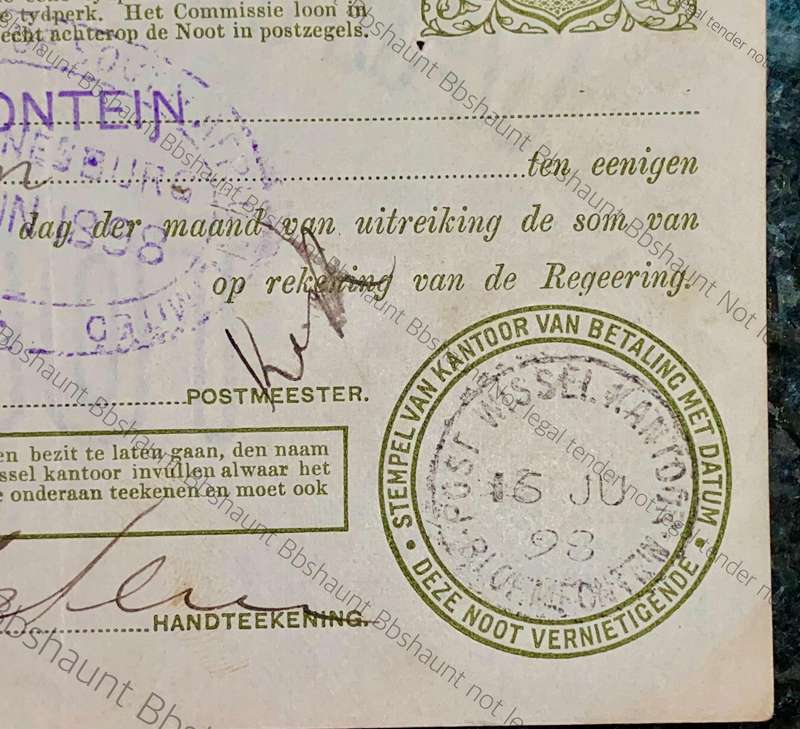 Z.A.R Oranje Vrij Staat 1 pound stamped Bloemfontein 14th June 1898 A1 /03023 Post Noot