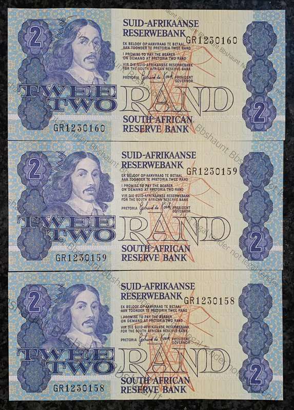 GPC De Kock. R2 in sequence GR1230160-158 unc-aunc 3rd issue 1984 (1 bid takes all )