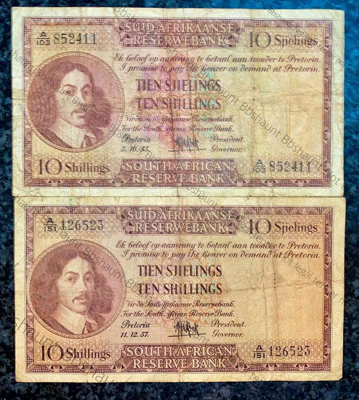 Mh De Kock. Set 10 shillings with two different shade of emblems (1 bid takes all)