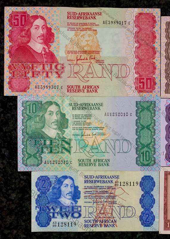 Complete set GPC De Kock & decimals R50 TO R2 good condition 1980s(R1 de Jongh 1975)(1 bid takes all
