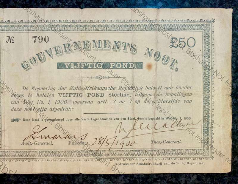 Z.A.R PRETORIA 50 POUND GOVERNMENT NOOT 28-05-1900 NO 790  SPADE BORDER STATE PRINTER Z.A. REPUBLIEK