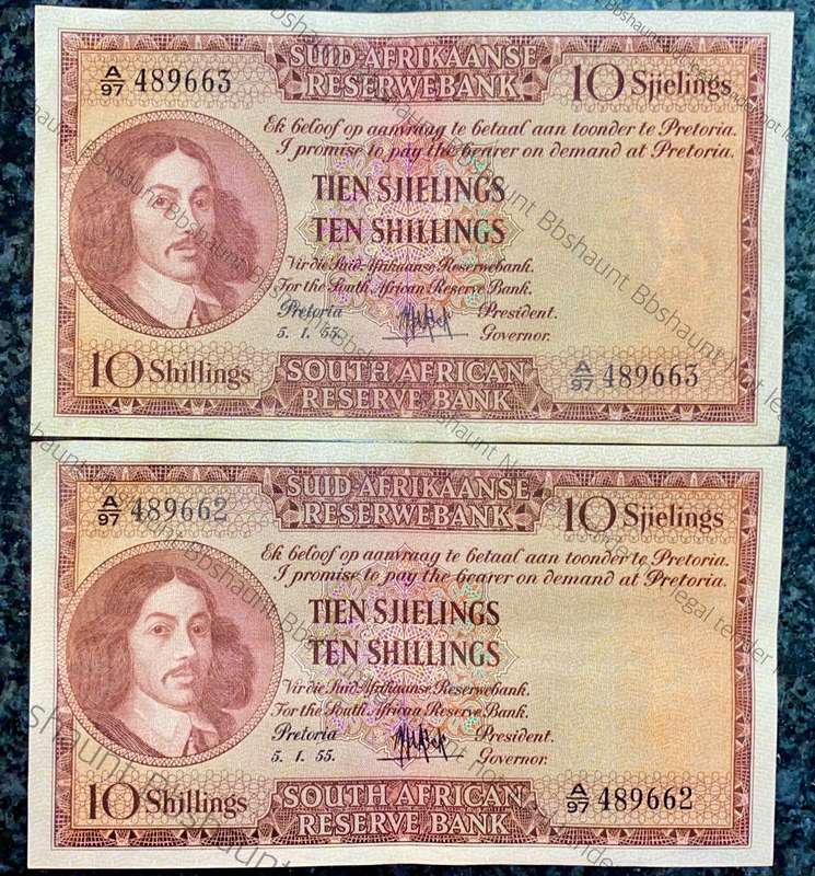 MH DE KOCK 10 SHILLINGS IN SEQUENCE A97 /489662-663 A/E 5.1.1955 CRISP NOTES EF (1 BID TAKES ALL)