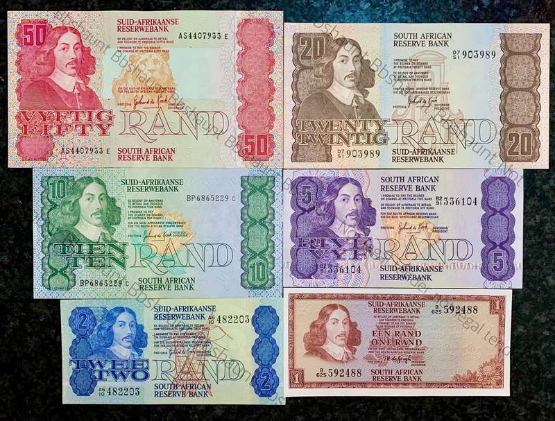 COMPLETE SET OF GPC DE KOCK & DECIMALS UNC-EF R50 TO R2 - 1980s(R1 TW DE JONGH 1975)1 BID TAKES AL
