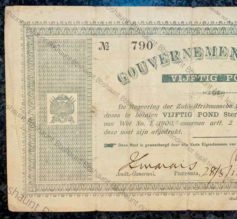 Z.A.R PRETORIA 50 POUND GOVERNMENT NOOT 28-05-1900 NO 790  SPADE BORDER STATE PRINTER Z.A. REPUBLIEK
