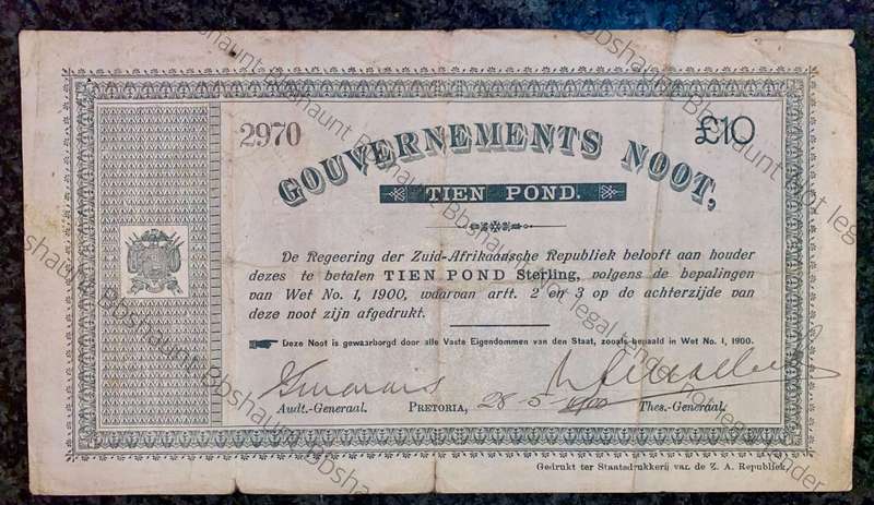 Z.A.R Pretoria 10 pound Government Noot 28-5-1900 -missing NO prefix- low number 2970 Spade Boarder