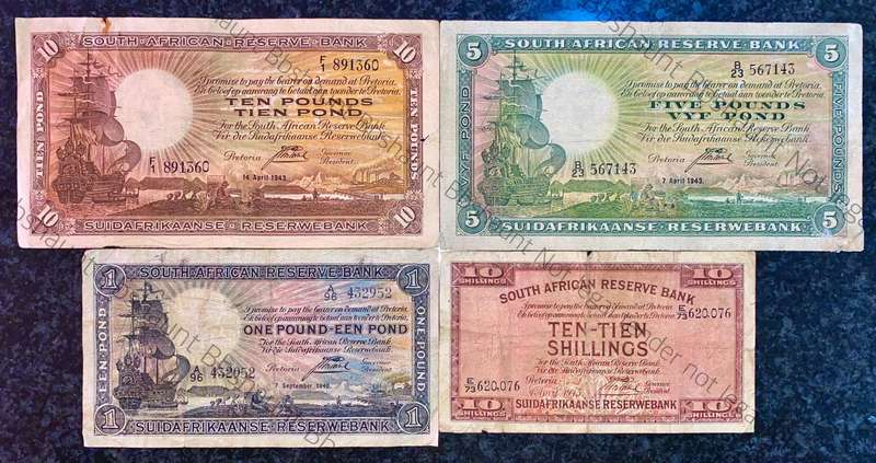J Postmus Set 10 pound F1 -1943 ,5 pound B23 -1943 ,1 pound 1940 & 10 shillings E73 -1945