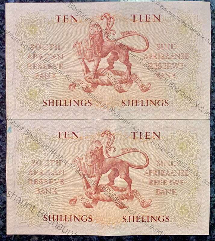 MH DE KOCK 10 SHILLINGS IN SEQUENCE A97 /489633-632 E/A 5.1.1955 CRISP NOTES EF (1 BID TAKES ALL)
