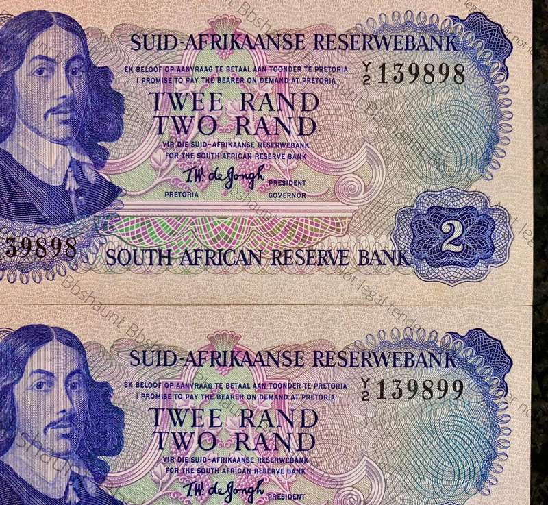 Replacement Note. TW De Jongh R2 in seq Y2 /139898-899 unc-aunc 2nd issue 1974