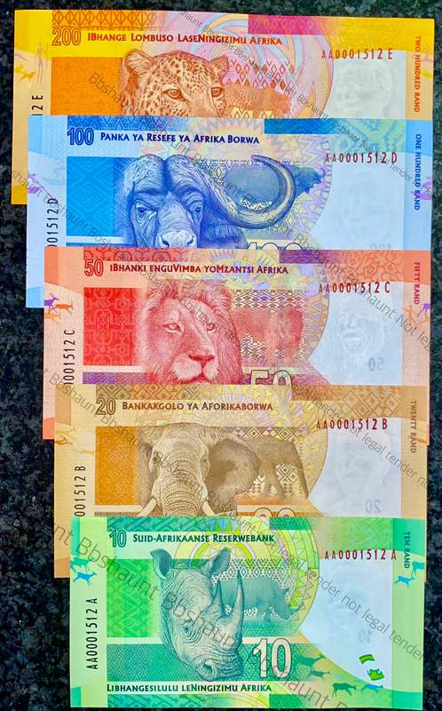 COMPLETE SET LOW NO AA0001512 GILL MARCUS R200 TO R10 UNC 2ND ISSUE 2012(MANDELA WTM) 1 BID TAKES AL