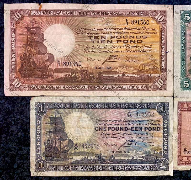 J Postmus Set 10 pound F1 -1943 ,5 pound B23 -1943 ,1 pound 1940 & 10 shillings E73 -1945