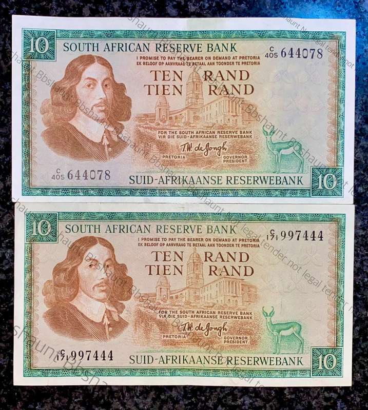 Tw De Jongh. R10 Springbuck & Van Riebeeck wtm 1967-1975 (1 bid takes all)