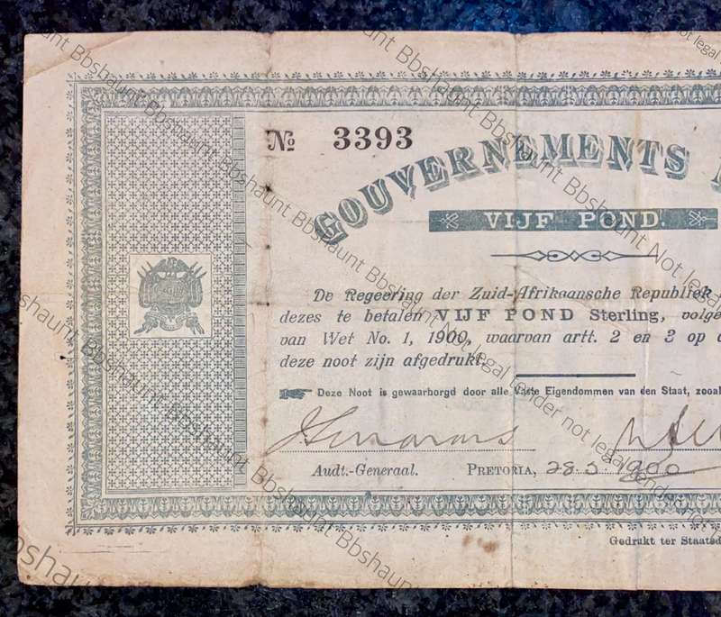 Z.A.R Pretoria 5 pound Government Noot 28-5-1900 low number 3393 Star Boarder