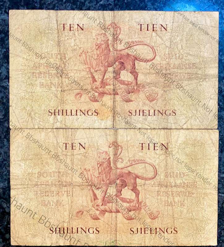 Mh De Kock. 10 shillings 1957 & 1959 -- A148 & A176 (1 bid takes all)