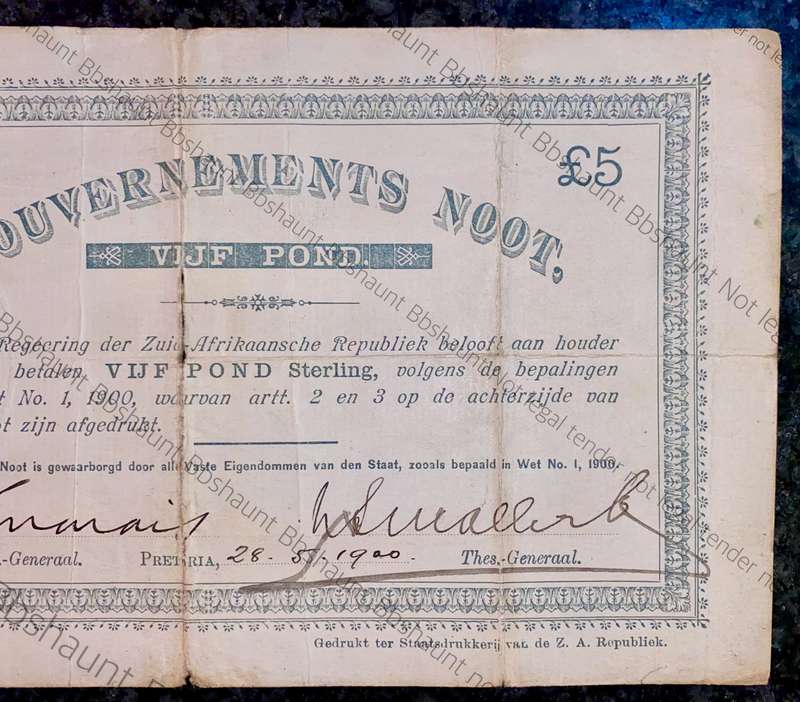 Z.A.R Pretoria 5 pound Government Noot wtm FLEUR DE LIS -missing NO prefix- 10614 spade Boarder