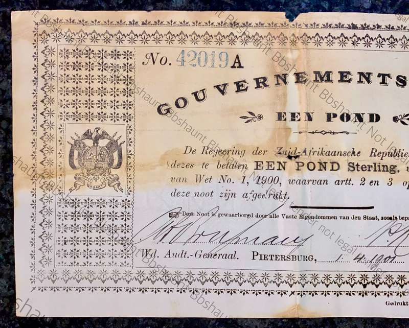 Z.A.R Pietersburg 1 pound Government Noot 1901 wtm Monckton kent (1 bid takes all)