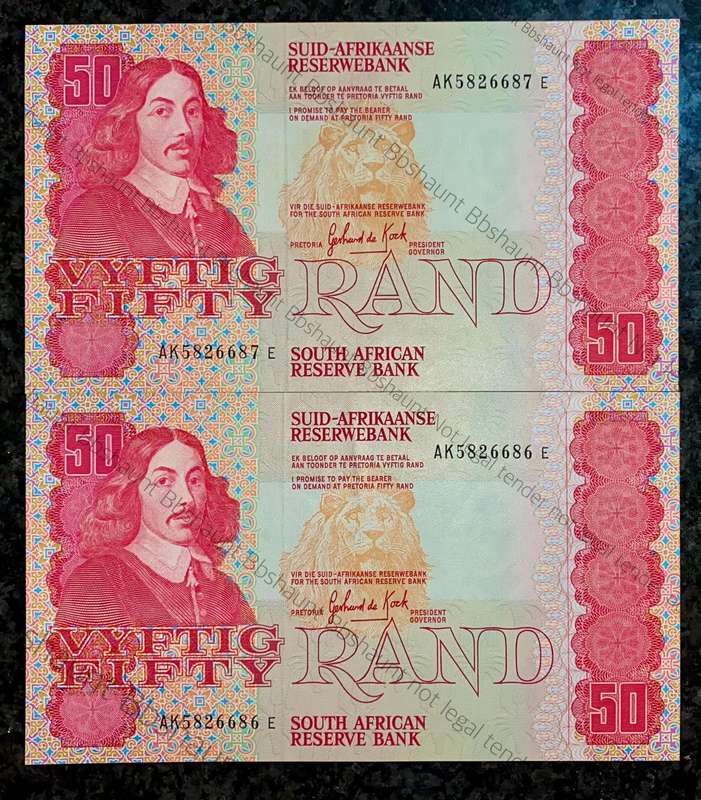 GPC De Kock. R50 in sequence AK5826686-687 UNC 3rd issue 1984--(1 bid takes all)