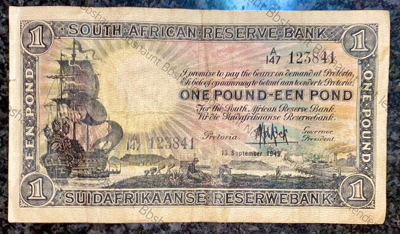 Mh De Kock. 1 pound Pretoria 13th November 1945 A147