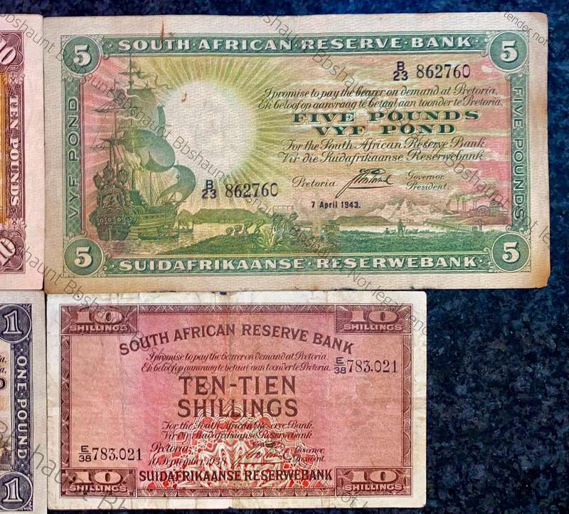 J Postmus Set 10 pound F1 -1943 ,5 pound B23 -1943 ,1 pound 1943 & 10 shillings E38 -1938 all E/A