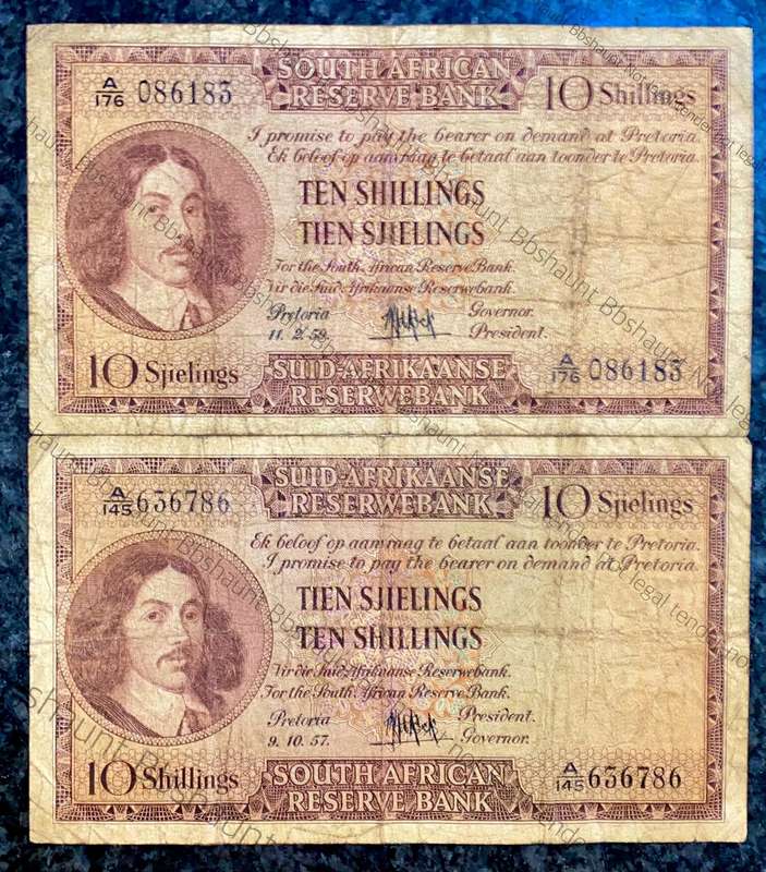 Mh De Kock. 10 shillings 1957 & 1959 -- A148 & A176 (1 bid takes all)