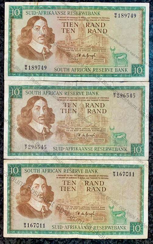REPLACEMENT NOTES SET TW DE JONGH R10 -- W6 - W7 & W9 -- SPRINGBUCK WTM 1ST ISSUE 1967