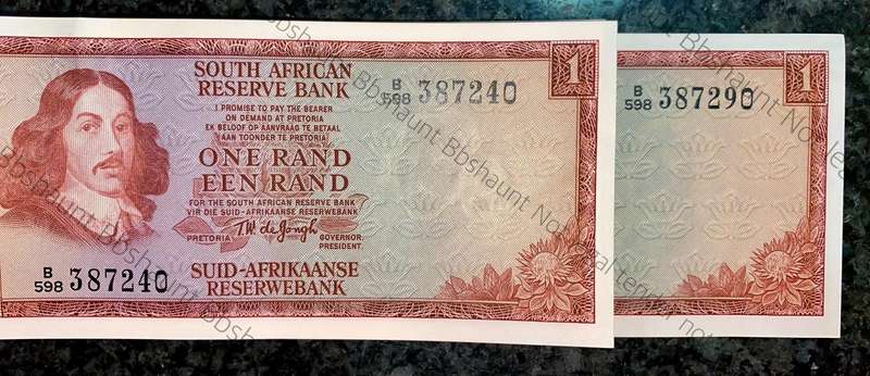 TW De Jongh. R1 in sequence B598 /387240-290 unc-aunc 3rd issue 1975 including a replacement note