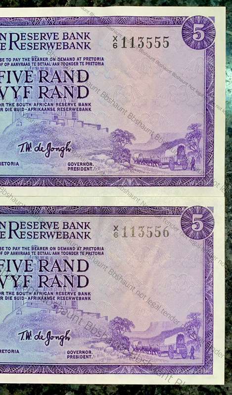 REPLACEMENT NOTE TW DE JONGH R5 IN SEQ X6 /113555-556 UNC 1ST ISSUE 1967 SPRINGBUCK WTM(I BID FOR AL