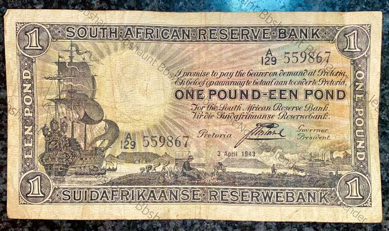 J POSTMUS 1 POUND 5TH APRIL 1943 ENG/AFR A129 FIRST ISSUE