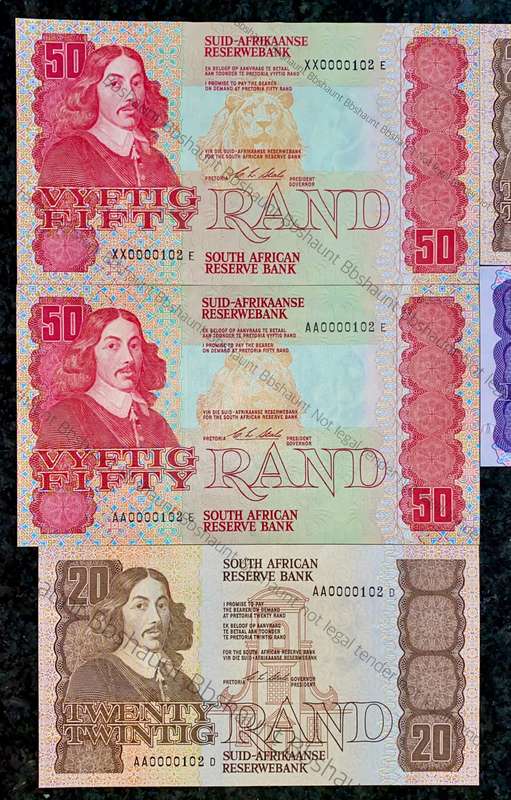 SOUTH AFRICA SET LOW MATCHING NO -- 0000102 -- R50 - R20 & R5 + REPLACEMENTS XX0000102 ALL GEM UNC