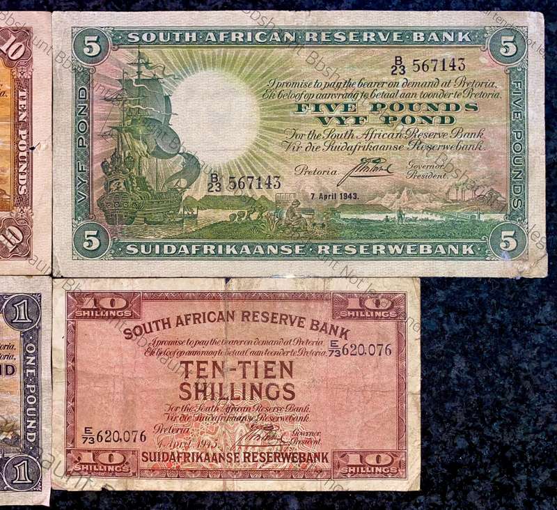 J Postmus Set 10 pound F1 -1943 ,5 pound B23 -1943 ,1 pound 1940 & 10 shillings E73 -1945