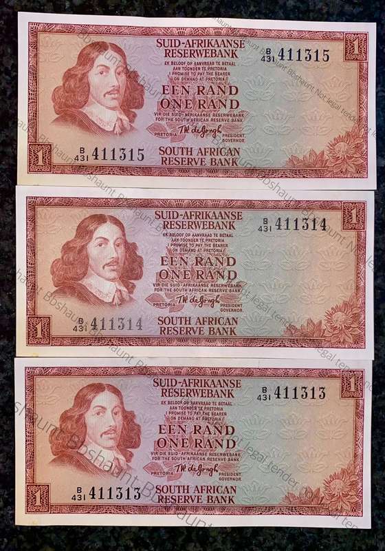 TW De Jongh. R1 in sequence B431 /411313-315 unc-aunc 3rd issue 1975 (1 bid takes all 10)