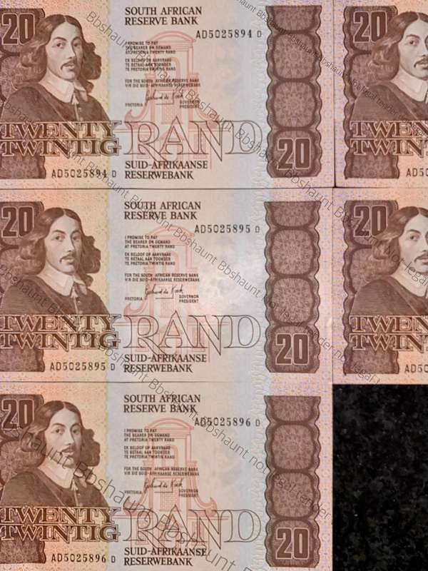 GPC De Kock. R20 in sequence AD5025894-898 UNC 3rd issue 1990 (1 bid takes all )