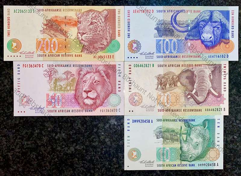 Complete set CL Stals R200 to R10 UNC 2nd issue 1993 (1 bid takes all)