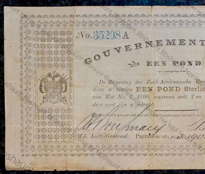 Z.A.R Pietersburg 1 pound Government Noot 1901 wtm Oceana extra strong (1 bid takes all)
