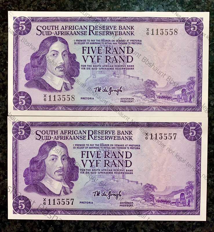 REPLACEMENT NOTE TW DE JONGH R5 IN SEQ X6 /113557-558 UNC 1ST ISSUE 1967 SPRINGBUCK WTM(I BID FOR AL
