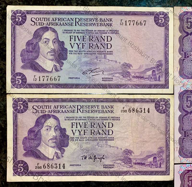 SET OF R5 NOTES ALL GOVERNORS FROM 1966-1990 - G RISSIK, TW DE JONGH, DE KOCK & STALS(1 BID TAKES AL